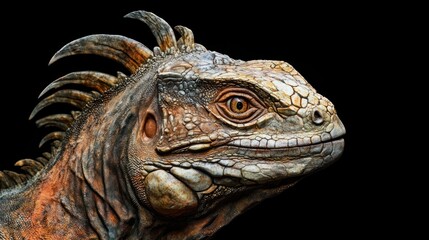 Fototapeta premium Detailed Close-Up of an Iguana's Head Showing Scales and Eye on a Black Background
