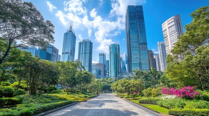 A modern urban district with glass buildings and landscaped streets.