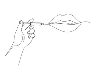 Continuous one line drawing of hand holds syringe -lips injection. Beauty care concept in single line draw illustration. Editable stroke.