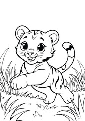 simple black lineart illustration of A playful tiger cub running through the grass with its tail in the air, coloring page animal ready for print