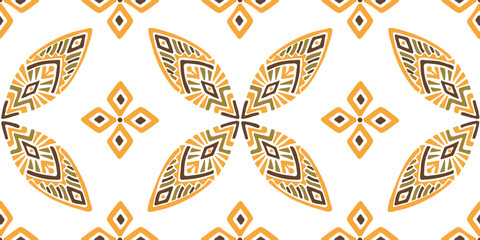 Seamless African pattern with leaf shield. Savanna tribal vector ornament. Hand drawn weave ethnic carpet. Modern geo print on textile. Ancient rug design for bohemian interior