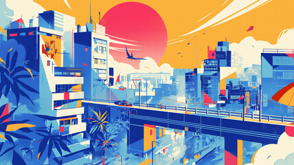 夕日と都市の風景イラスト。レトロポップな配色をイメージして作成された。アジアや日本の都会。懐かしい、ノスタルジーを感じる景色。
