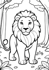 simple black lineart illustration of a lion in the forest, coloring page animal ready for print