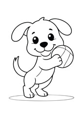 simple black lineart illustration of A dog playing a ball, coloring page animal ready for print