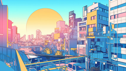 Obraz premium 夕日と都市の風景イラスト。レトロポップな配色をイメージして作成された。アジアや日本の都会。懐かしい、ノスタルジーを感じる景色。