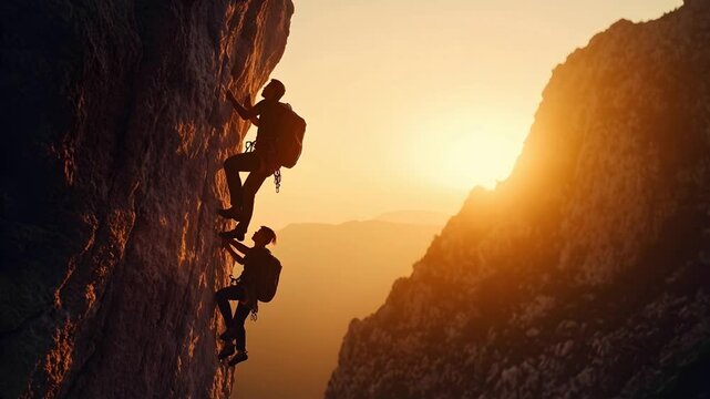 Silhouette of mountaineering team climbing mountains and rocks at sunset.