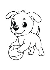 simple black lineart illustration of A dog playing a ball, coloring page animal ready for print