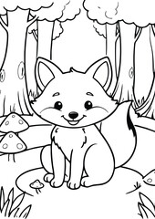 simple black lineart illustration of A happy fox sitting in a forest clearing, surrounded by tiny mushrooms, coloring page animal ready for print