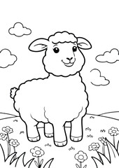 simple black lineart illustration of A happy sheep standing in a meadow, coloring page animal ready for print