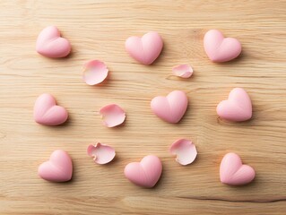 Obraz premium A flat lay of rose petals and pink heart-shaped candies on a wooden surface, arranged symmetrically with a warm ambiance