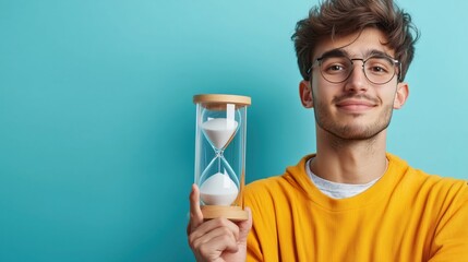 Young man holding hourglass representing time management, productivity, and future planning