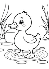 simple black lineart illustration of A cheerful duckling waddling near a pond with ripples in the water. coloring page animal ready for print
