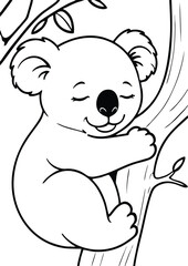 simple black lineart illustration of A sleepy koala hugging a tree branch with closed eyes, coloring page animal ready for print