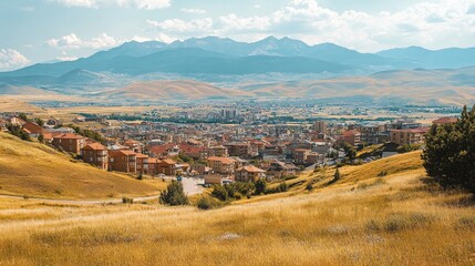 Fototapeta premium A scenic overlook of a sprawling urban area with distant mountains.