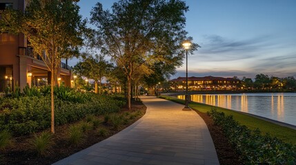 Obraz premium A scenic urban riverfront at twilight with shimmering reflections.