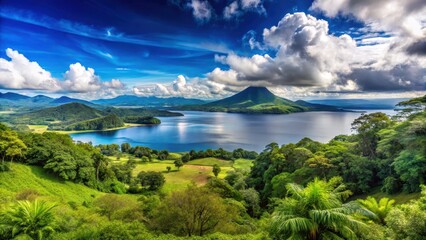 Panoramic view of Lake Arenal with lush greenery and distant mountains, Lake Arenal, panoramic view, beautiful scenery