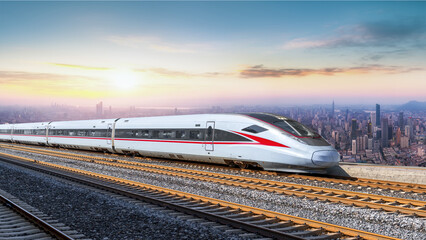 Stunning View of High-Speed Train Against Urban Sunset Skyline