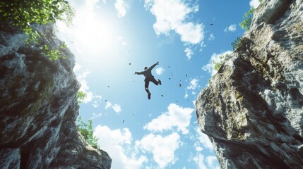 A man in a suit is captured mid-air, leaping over a large gap between two rocky cliffs.