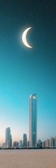 Ramadan Cityscape Elegance Illuminated Skyscrapers Under Crescent Moon - Urban Holiday Atmosphere for Eid Celebrations and Seasonal Wedding Decor Inspiration