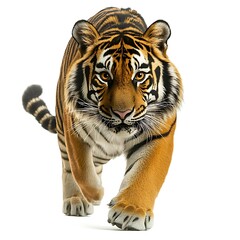 Obraz premium Tiger walking forward, white background, wildlife photography, nature image