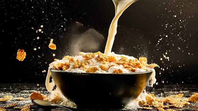A bowl of cornflakes is being poured with milk, with some milk splashing up