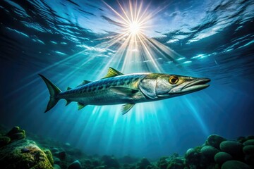 Graceful barracuda, a sunbeam's embrace.  Dark ocean, vibrant wildlife photography.