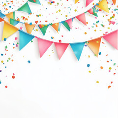 Colorful festive bunting with confetti on a white background.
