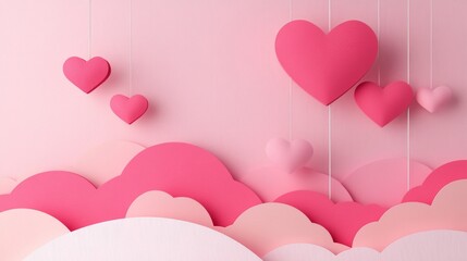 Valentine paper sculpture design, pink cloud layers aesthetic, minimal floating heart elements, dimensional paper craft style, soft pastel gradients, clean modern composition, gentle shadow effects,