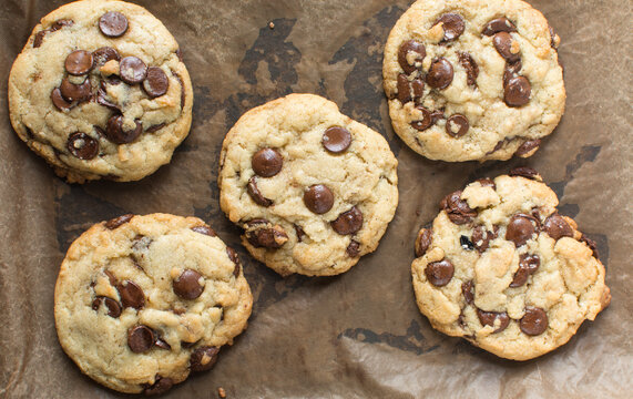 Large homemade chocolate chip cookies on a lined cookie tray, top view of bakery style chocolate chip cookies