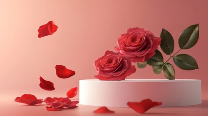 Elegant white podium scene, crimson roses with green leaves, floating red petals, soft gradient background, luxury product display setup, romantic mood lighting, high-end commercial photography style