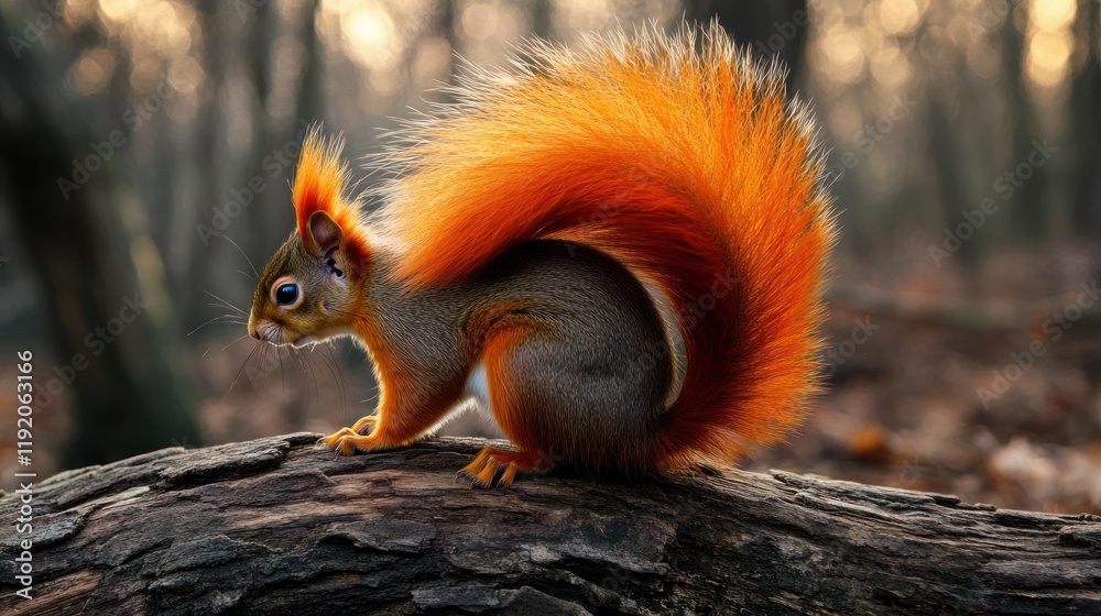 Wall mural a striking portrait of a squirrel perched on a log in a forest environment, its fur showing vibrant 