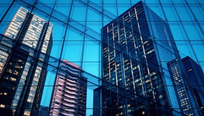 Fototapeta premium Modern Skyscrapers Reflected in a Glass Facade at Night