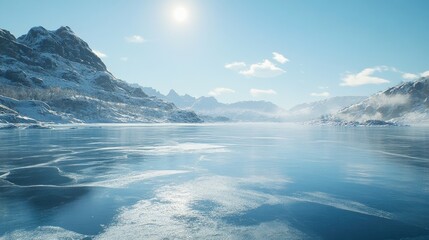 Fototapeta premium A vast frozen lake covered in smooth, glistening ice with a mountain range in the background under a clear blue sky.