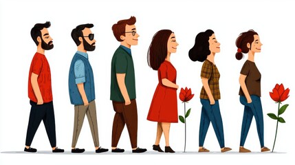 Fototapeta premium Colorful Illustration of Diverse People Walking Together Outdoors