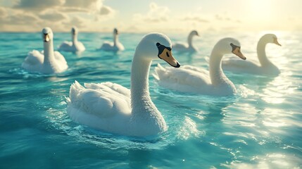 Fototapeta premium Swans swimming ocean sunrise serene calm nature