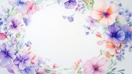 whimsical garden wreath, loose watercolor flowers, tender pastel color scheme, delicate botanical arrangement, airy purple and pink petals, subtle blue florals, flowing green stems, elegant spring