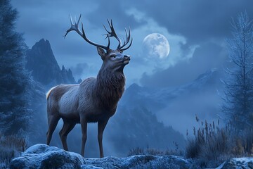 Naklejka premium Majestic Elk Under the Moonlight in a Snowy Mountain Landscape