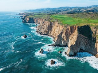 Coastal Cliffs and Green Landscape at the edge of the ocean from an aerial view