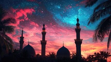 Night sky, mosque silhouette, palm trees, vibrant sunset, religious serenity