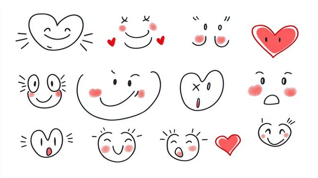 hand drawn emoji collection, minimal black line drawing, cute cartoon faces, expressive eyes and mouths, kawaii emotional reactions, simple doodle style, occasional red heart accents