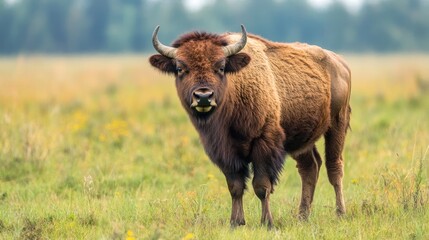 Majestic bison standing in a grassy field with a blurred forest background creates a wild scene