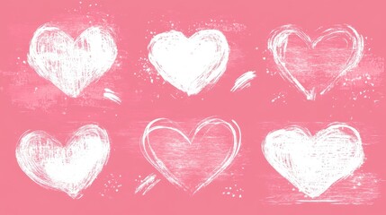 romantic heart outline set, white silhouettes with textured edges, brush stroke style variations, modern minimal design elements, energetic pink backdrop, love themed illustrations, artistic