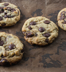 Large homemade chocolate chip cookies on a lined cookie tray, top view of bakery style chocolate chip cookies