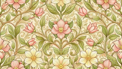 Art nouveau seamless pattern with delicate blooming blossoms, art nouveau, seamless, pattern, delicate, blooming