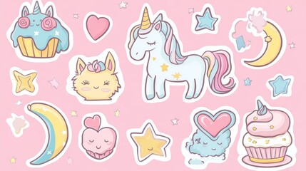 Fototapeta premium Whimsical pastel sticker set with magical beings, playful unicorn head with rainbow-colored mane, caticorn character with heart detail, cosmic elements including happy moon face and stars, joyful