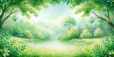 Fototapeta premium Green watercolor landscape with lush foliage and a serene atmosphere, watercolor, green, landscape, natural, foliage