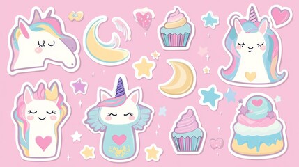 Fototapeta premium Whimsical pastel sticker set with magical beings, playful unicorn head with rainbow-colored mane, caticorn character with heart detail, cosmic elements including happy moon face and stars, joyful
