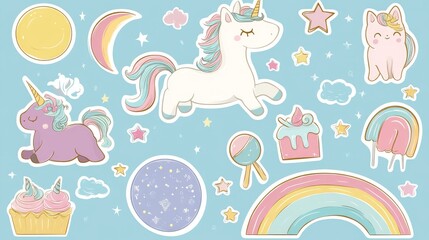 Sweet fantasy sticker collection featuring magical creatures, unicorn with flowing rainbow hair, cat-unicorn hybrid with pastel accents, celestial motifs including crescent moon and twinkling stars,
