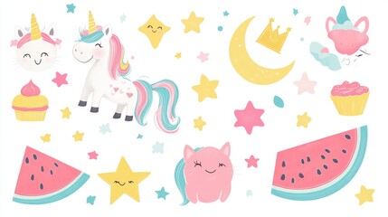 Adorable magical sticker ensemble with mythical beings, smiling unicorn with multicolored mane, happy caticorn design, celestial elements including dreamy moon and sparkling stars, cute desserts with