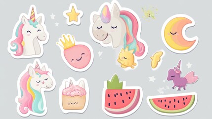 Fototapeta premium Adorable magical sticker ensemble with mythical beings, smiling unicorn with multicolored mane, happy caticorn design, celestial elements including dreamy moon and sparkling stars, cute desserts with